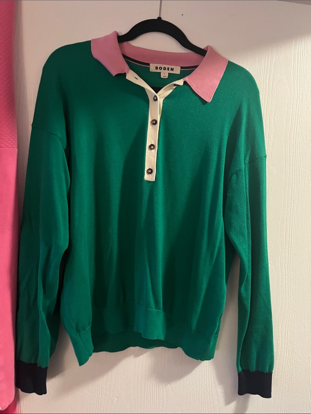 Boden Green Sweater with Pink Polo Collar and Cream Placket